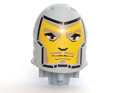 Close-up of LEGO bb0153pb01 large figure head, light gray with yellow and brown Danju face pattern.