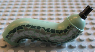 LEGO bb0296pb01 light green S-curve Basilisk neck with fixed black pin and dark gray, dark green, light gray scales pattern.