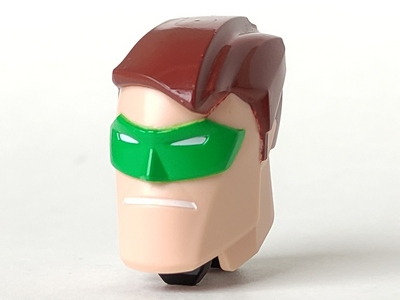 LEGO large figure head, light flesh, with brown hair, green eye mask with white eyes, and a white line for the mouth.