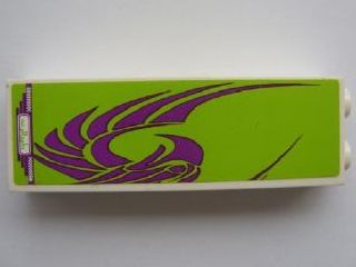 White LEGO Brick 1 x 2 x 5 with a lime green sticker featuring a purple stylized bird design.