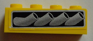 Yellow 1x4 LEGO brick with a sticker featuring a pattern of four grey vehicle exhaust pipes.