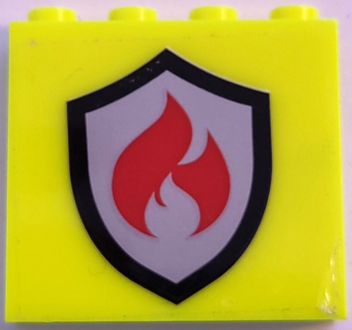 LEGO 49311pb050 - Steen 1 x 4 x 3 met zwart en zilver vuurlogo badge en rode vlammenpatroon (sticker) - Sets 60320 / 60321