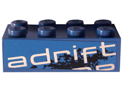 Blue LEGO 2x4 brick with white 'adrift' text and black grunge pattern on the side, part 3001pb096L.