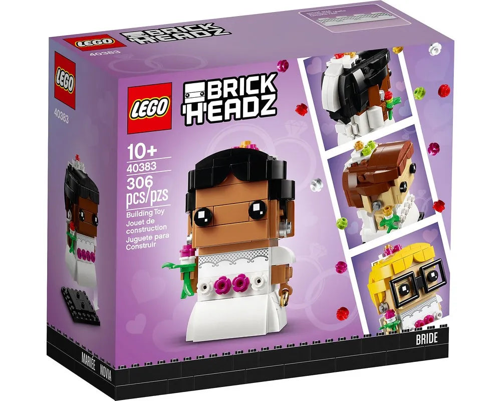 LEGO BrickHeadz 40383 Bride set box featuring a dark-skinned bride figure and alternative variations with different looks.
