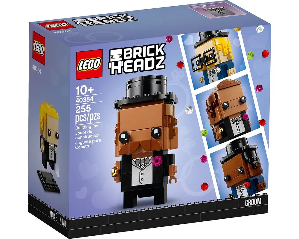 LEGO BrickHeadz 40384 Groom set box showing a brown-skinned figure in a black tuxedo and hat, with variations.