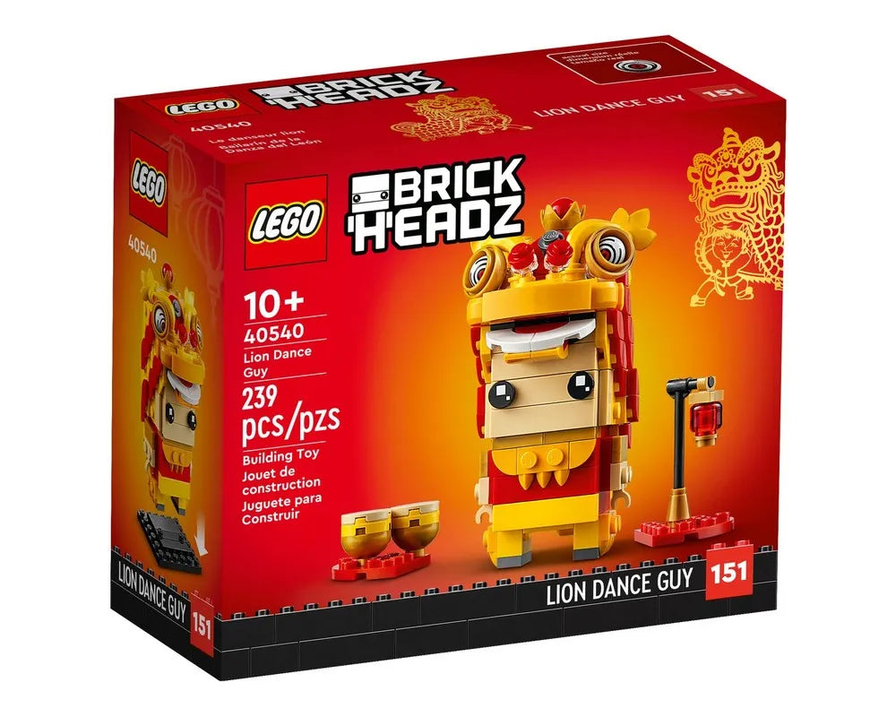 LEGO BrickHeadz 40540 Lion Dance Guy box showing the assembled figure in yellow and red, with a lantern and cymbals.