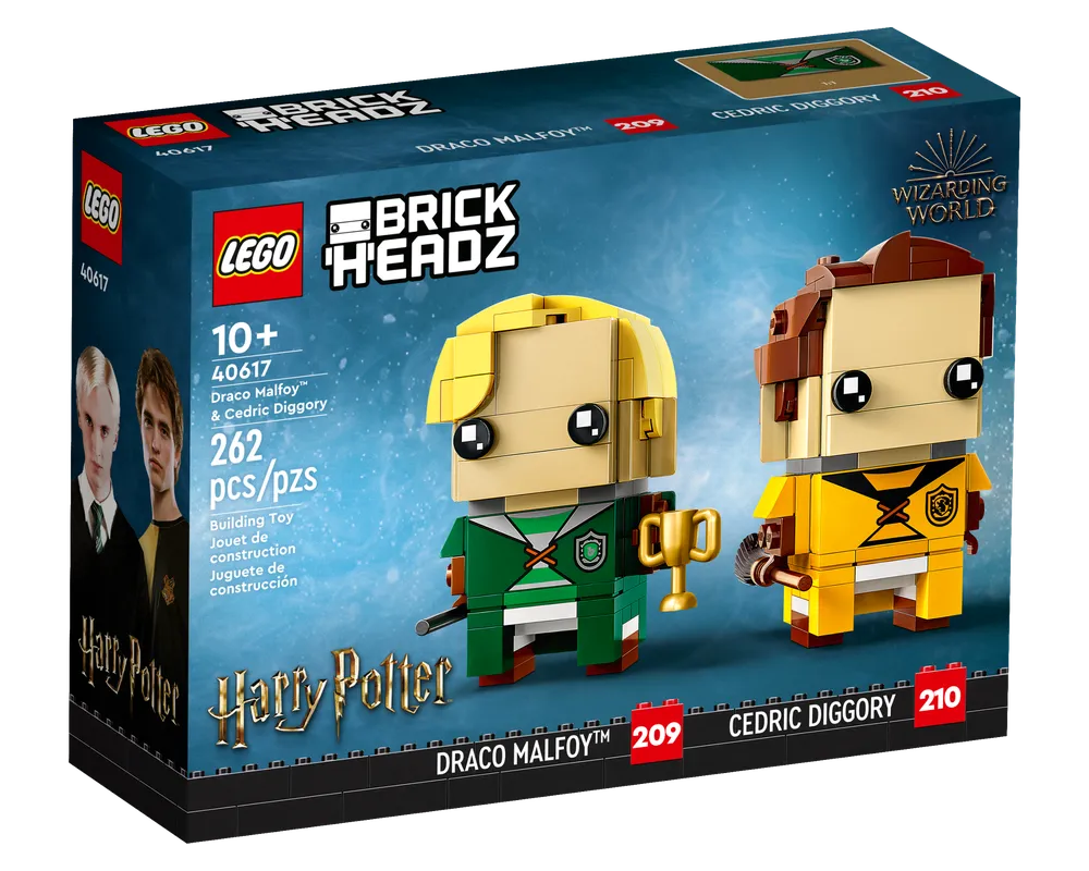 LEGO BrickHeadz set 40617 featuring Draco Malfoy in Slytherin Quidditch robes and Cedric Diggory in Hufflepuff robes.