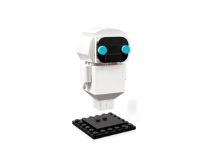 White LEGO BrickHeadz 40619 EVE figure with blue eyes, shown connecting to a black display base.