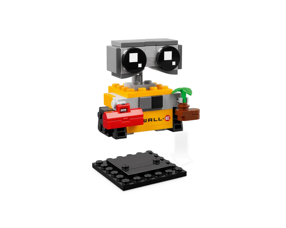 LEGO BrickHeadz 40619 WALL-E with red toolbox and plant, about to connect to a black display base.