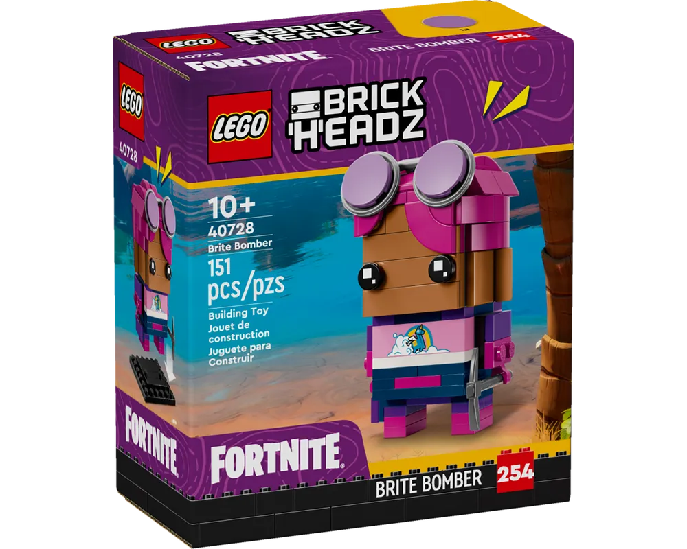 LEGO BrickHeadz 40728 Brite Bomber Fortnite building toy box showing the assembled figure with pink sunglasses, a unicorn shirt, and a pickaxe.