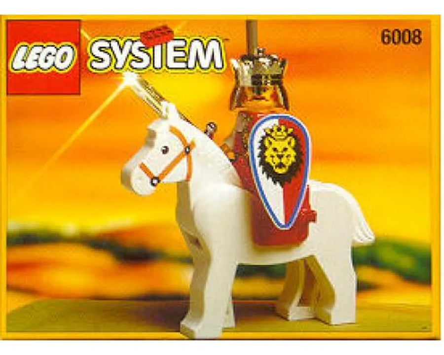 LEGO Castle 6008 Royal King set featuring a knight with a gold crown and lion shield riding a white horse against an orange sky.