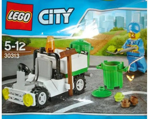 LEGO City 30313 Garbage Truck polybag showing a white and green truck, a minifigure, and green trash cans.