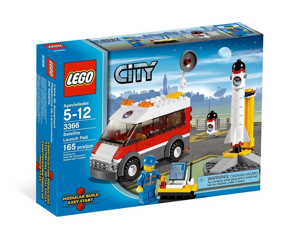 LEGO City 3366 Satellite Launch Pad set box showing a command van, rocket on launchpad, small satellite, and minifigure.