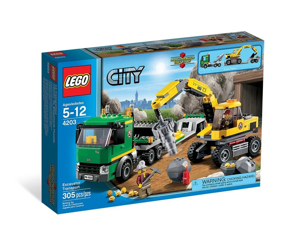 LEGO City 4203 Excavator Transport box featuring a green truck, a yellow excavator, minifigure, and rocks.