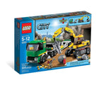 LEGO City 4203 Excavator Transport box featuring a green truck, a yellow excavator, minifigure, and rocks.