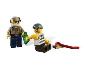 LEGO City 4437 Police Pursuit minifigures: a police officer accepts a green money brick from a prisoner; a crowbar and gold bar are nearby.