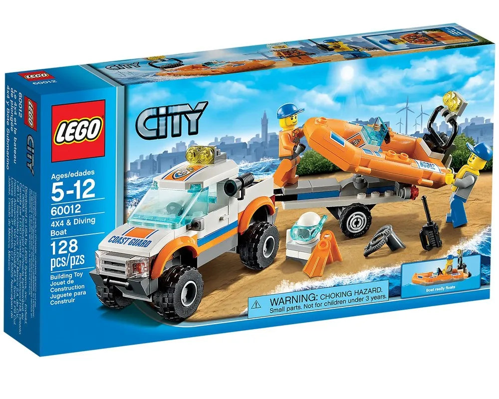 LEGO City 60012 4x4 & Diving Boat set box showing an orange and white 4x4 truck, boat on trailer, minifigures, and accessories.