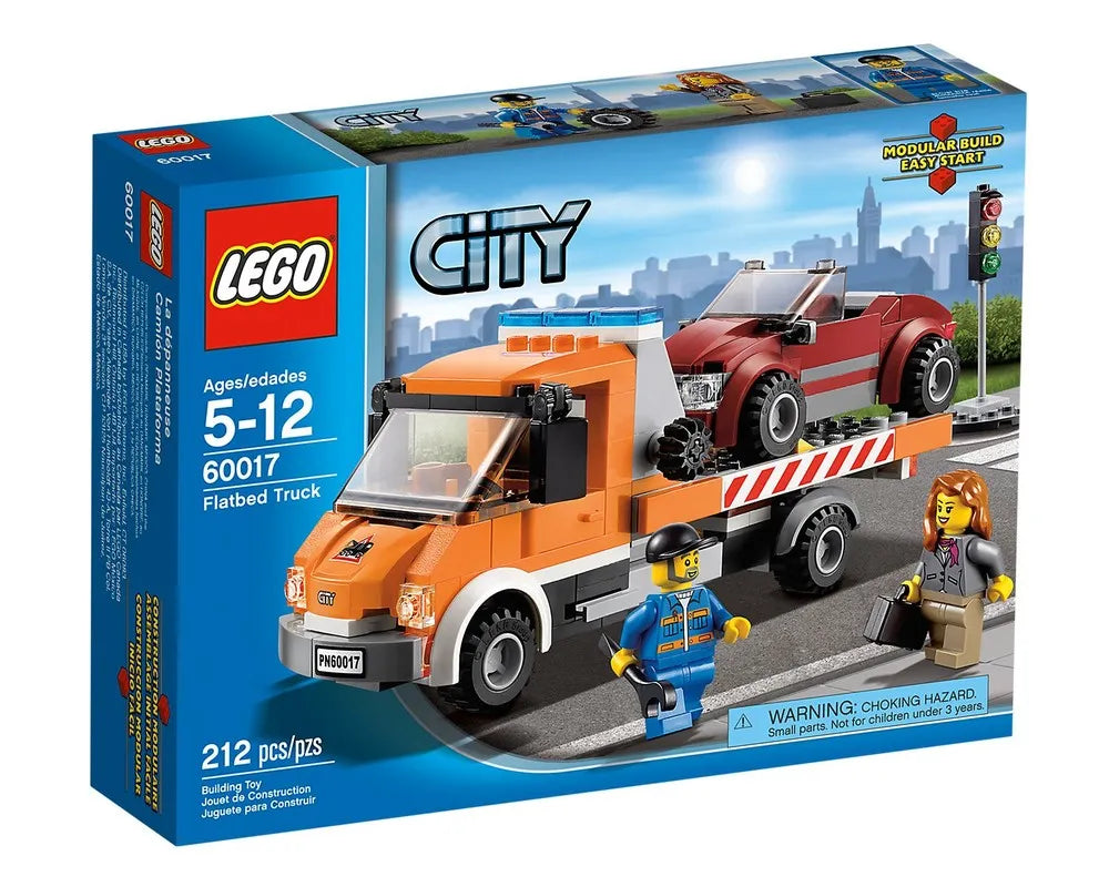 LEGO City 60017 Flatbed Truck box shows an orange flatbed truck with a red car, a mechanic, and a woman minifigure on a city street.