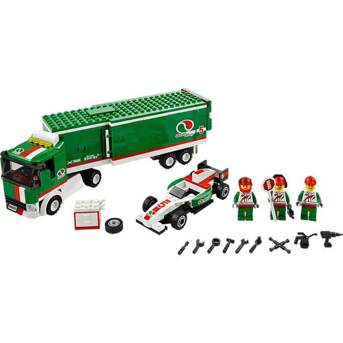 LEGO City 60025 Grand Prix Truck set with green truck, race car, 3 pit crew minifigures, tools, and spare tire.