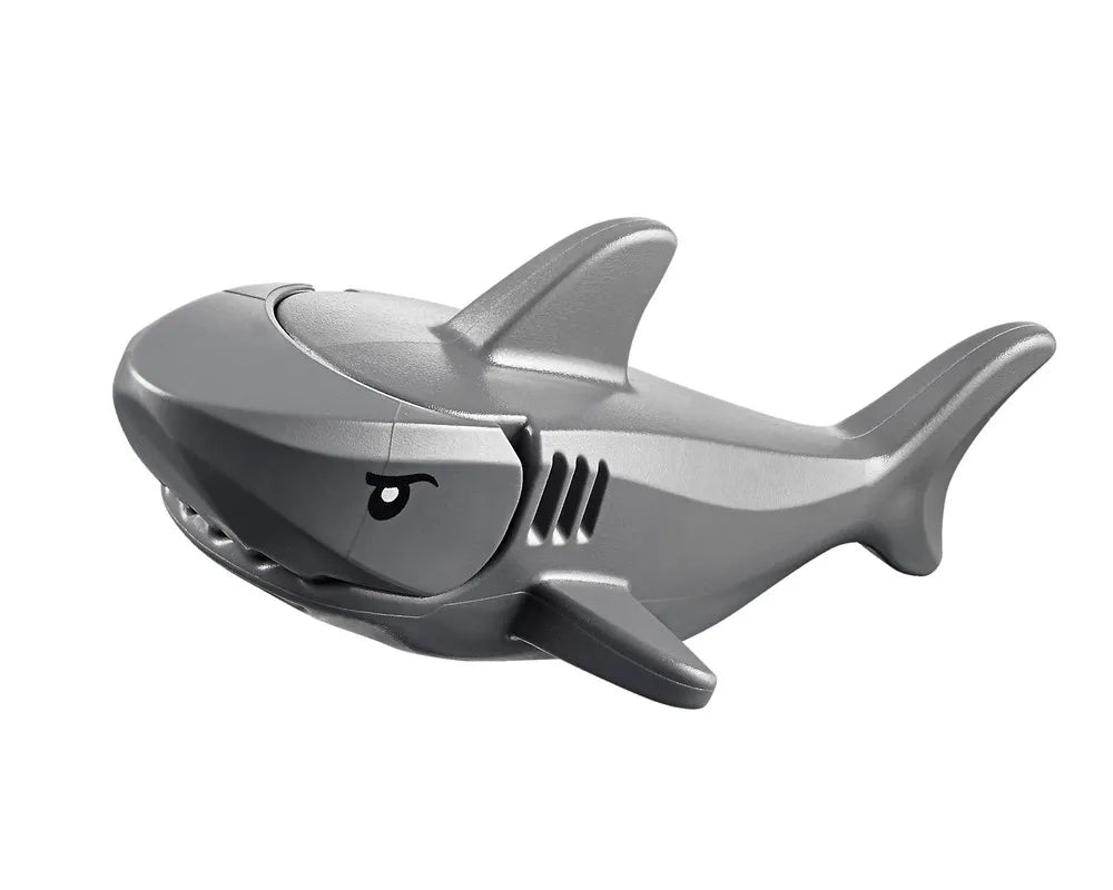 Gray LEGO shark toy figure from the Deep Sea Starter Set 60091, with eyes and gills printed on the side.
