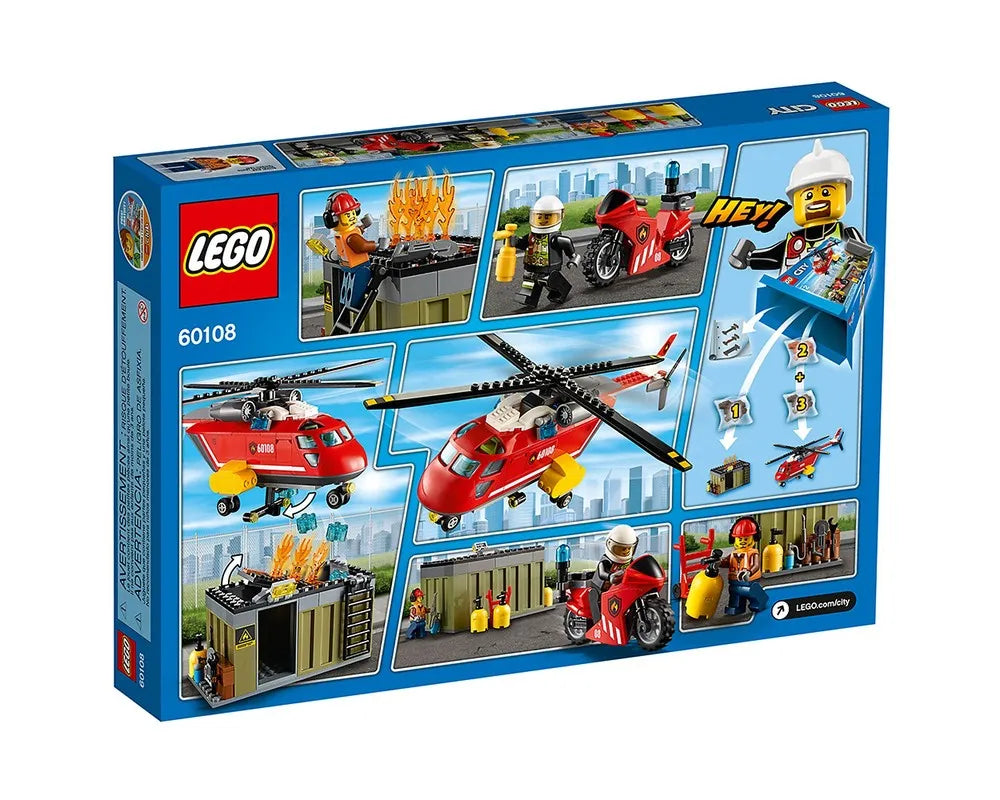 Back of LEGO City 60108 Fire Response Unit box showing firefighting scenes with helicopters, motorbike, and minifigures.