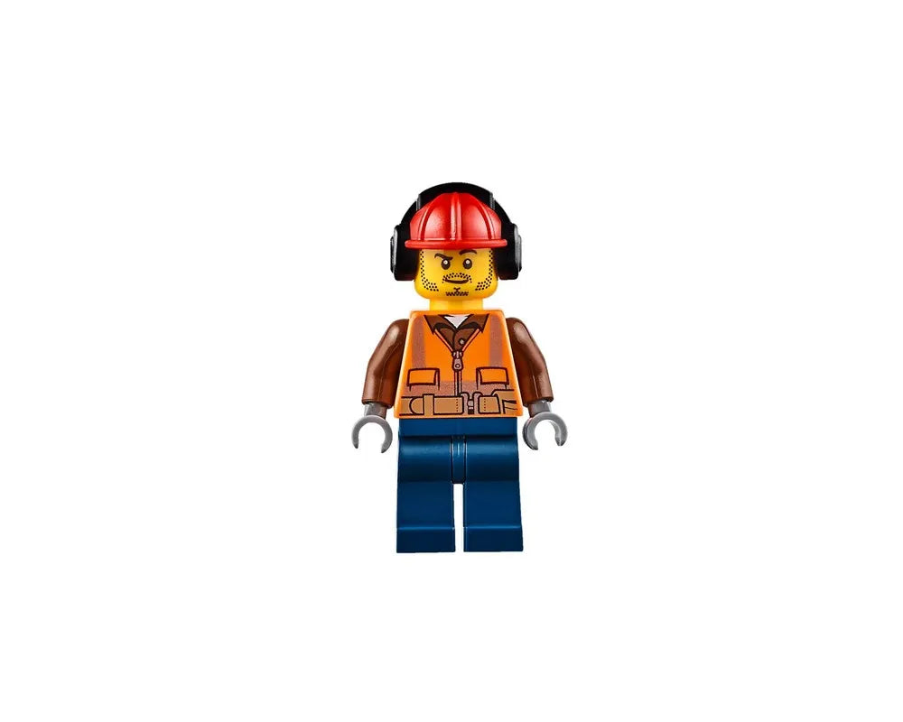 LEGO City minifigure wearing a red hard hat with earmuffs, an orange safety vest over a brown shirt, and blue pants.