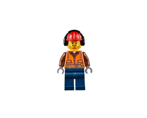 LEGO City minifigure wearing a red hard hat with earmuffs, an orange safety vest over a brown shirt, and blue pants.