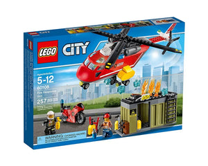 LEGO City 60108 Fire Response Unit set with a red helicopter, motorcycle, two firefighters, and a burning building.