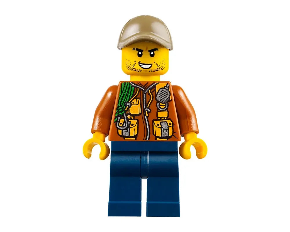LEGO male minifigure wearing a tan cap, brown jacket with climbing gear and radio, yellow head with stubble, blue legs.