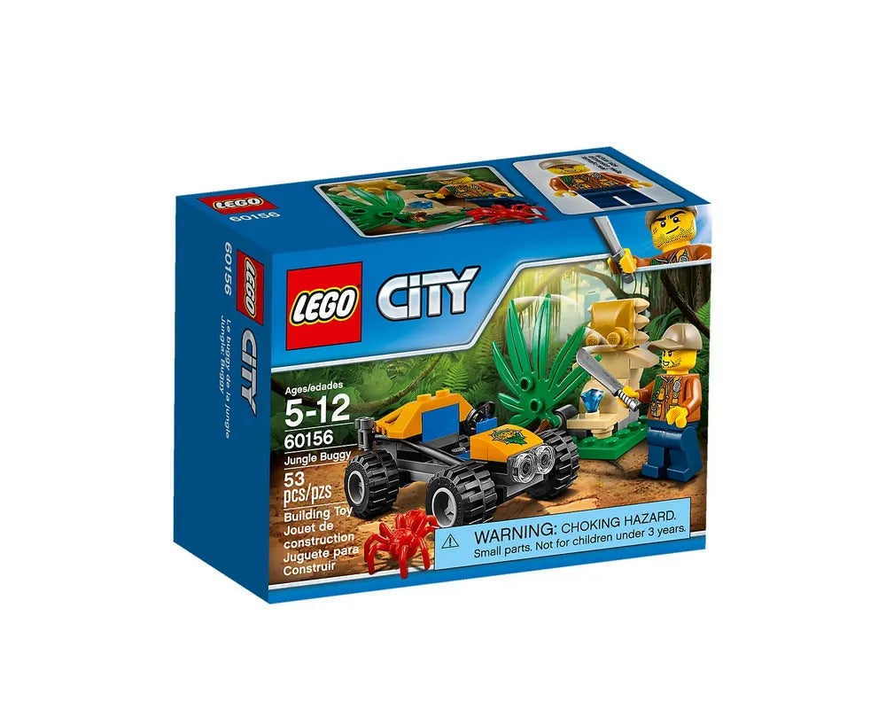 LEGO City 60156 Jungle Buggy set box showing a minifigure, jungle buggy, foliage, and a spider. 53 pieces, ages 5-12.