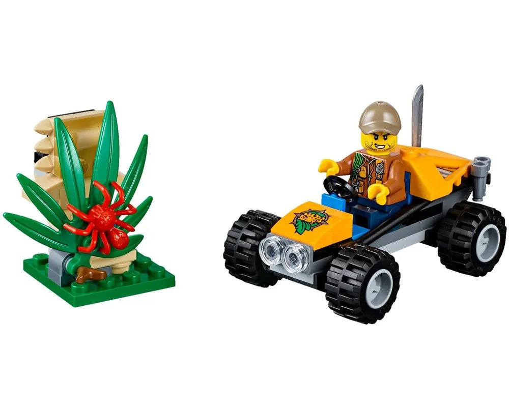 LEGO City 60156 Jungle Buggy with explorer minifigure driving an orange buggy and a jungle plant with red spider.