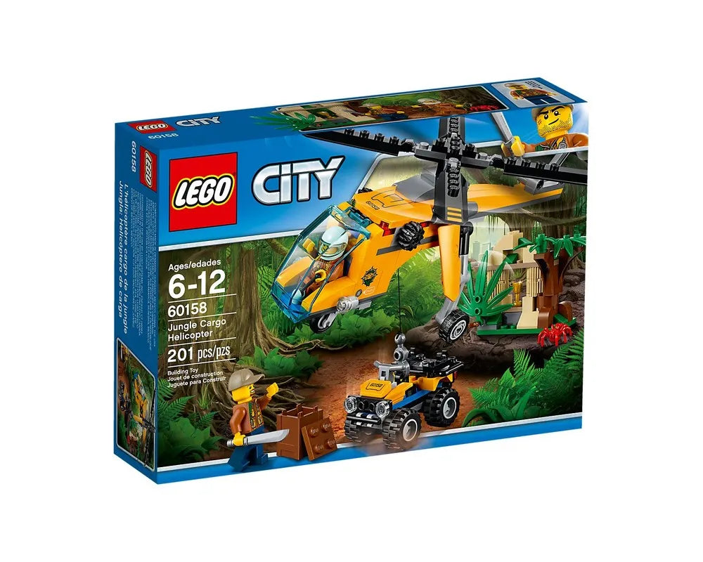 LEGO City 60158 Jungle Cargo Helicopter set box with yellow helicopter, mini vehicle, explorer minifigure, and jungle scene.