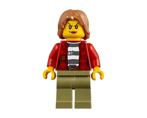 Female LEGO minifigure with brown hair, a stern face, wearing a red jacket over a striped '87' shirt, and olive green pants.