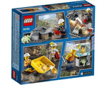 Back of LEGO City 60184 Mining Team box showing minifigures, a mine cart, exploding rocks, and a spider.