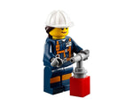 A LEGO City Mining Team female minifigure in a blue uniform and white hard hat, holding a red and grey detonator plunger.