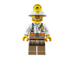 A LEGO City Mining Team minifigure with grey mustache, white hard hat, gold headlamp, white shirt with suspenders, and tan pants.