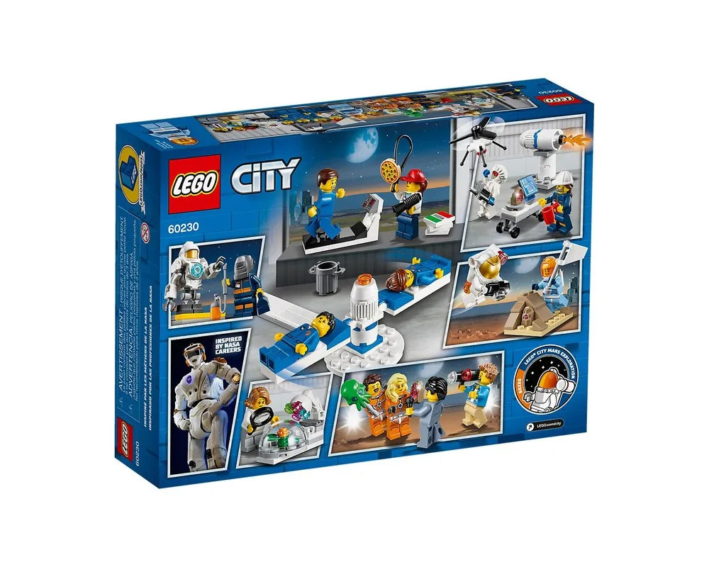 Back of LEGO City 60230 People Pack box, showing minifigures in space research, training, and exploration scenes.