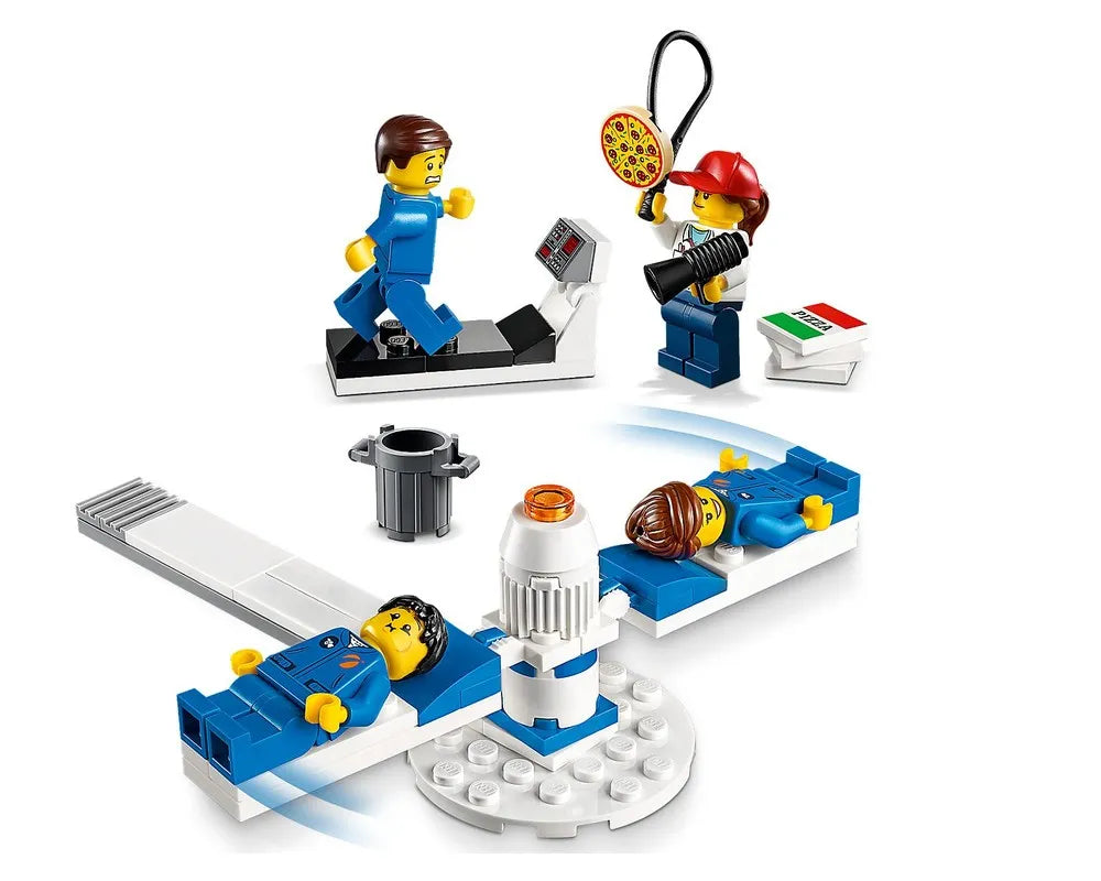 LEGO 60230 set: minifigures training on a treadmill and centrifuge, with a pizza distraction.