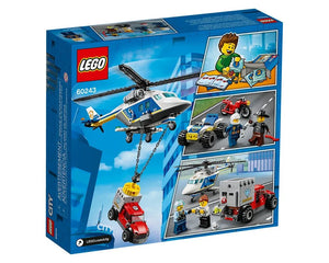 Back of LEGO City 60243 Police Helicopter Chase box. Displays police helicopter lifting a truck, minifigures, a quad, and other vehicles.