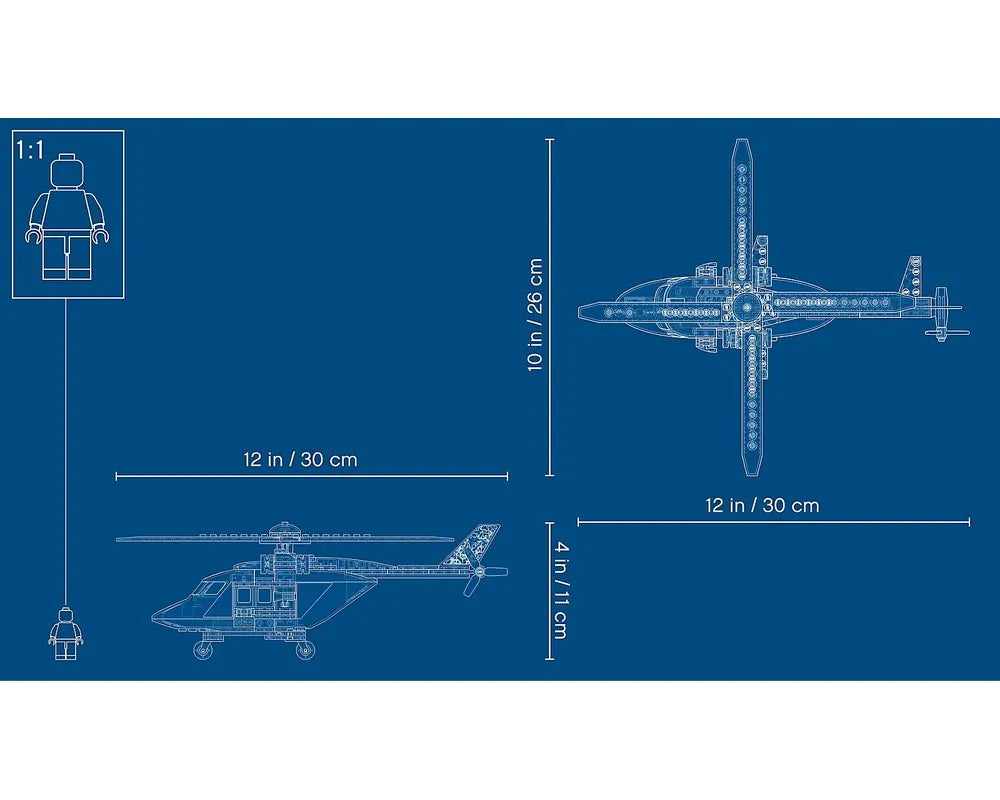 Blueprint of a LEGO police helicopter model showing its dimensions: 12 in/30 cm long, 12 in/30 cm wide, and 4 in/11 cm high. Includes minifigure for scale.