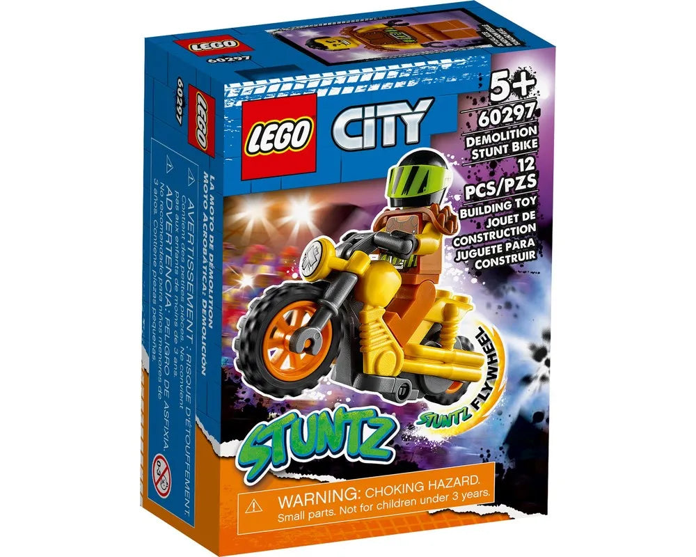 LEGO City 60297 Demolition Stunt Bike box showing a minifigure on a yellow motorcycle with a stuntz logo.
