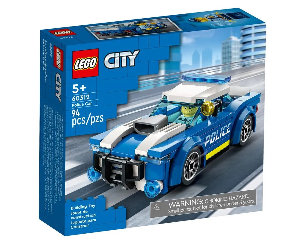LEGO City 60312 Police Car set box, featuring a blue police car with a minifigure, 94 pieces, for ages 5+.