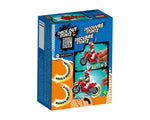 Back of LEGO City 60332 Reckless Scorpion Stunt Bike box showing a minifigure on a red motorcycle and flywheel instructions.