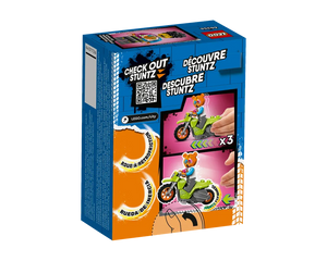 Back of LEGO City 60356 Bear Stunt Bike box. Shows a green stunt motorcycle with a bear minifigure, demonstrating flywheel action.
