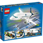 View of LEGO City 60367 Passenger Airplane set box back. Features the assembled plane, minifigures inside, and ground crew.