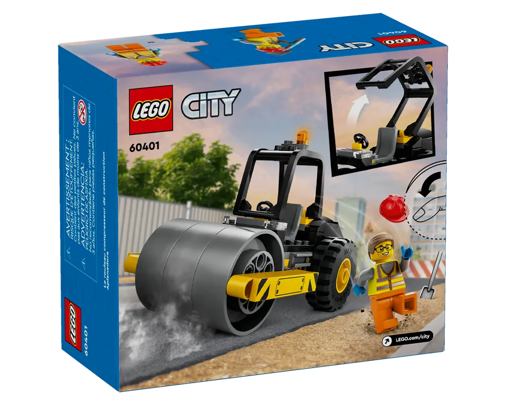 LEGO City 60401 Construction Steamroller set box, featuring the steamroller, minifigure, and play features.