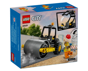 LEGO City 60401 Construction Steamroller set box, featuring the steamroller, minifigure, and play features.