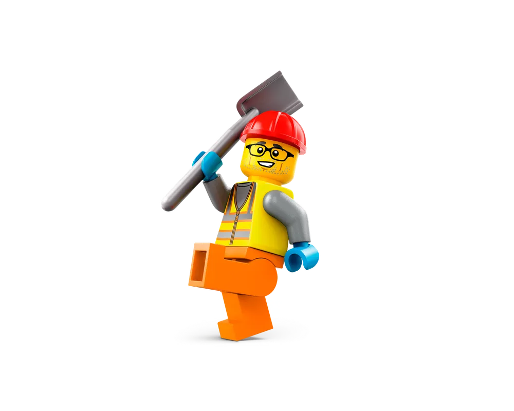 LEGO City construction worker minifigure in red hard hat, yellow safety vest, and orange pants, holding a shovel.