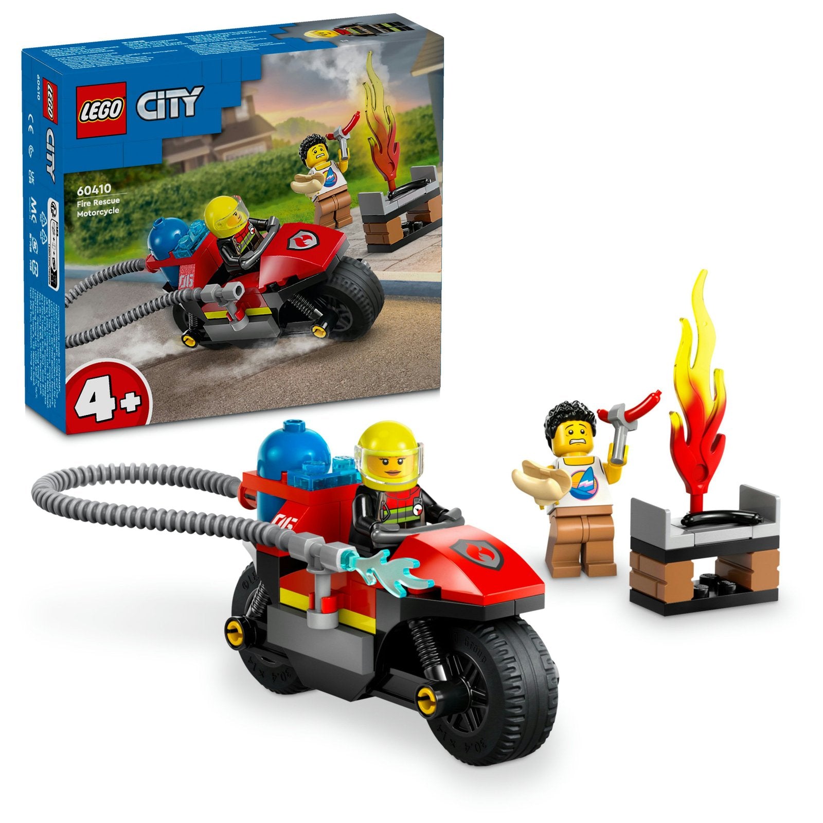 LEGO City 60410 Fire Rescue Motorcycle set box and contents: motorcycle, firefighter, grill fire, person.