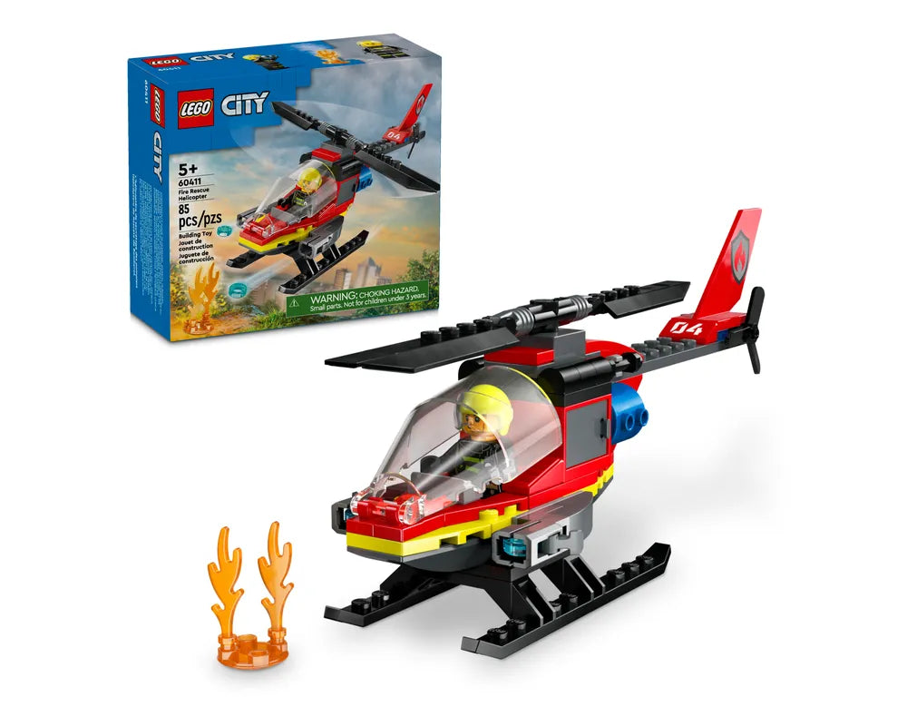A built LEGO City 60411 Fire Rescue Helicopter with a pilot minifigure and two flame elements, alongside its product box.